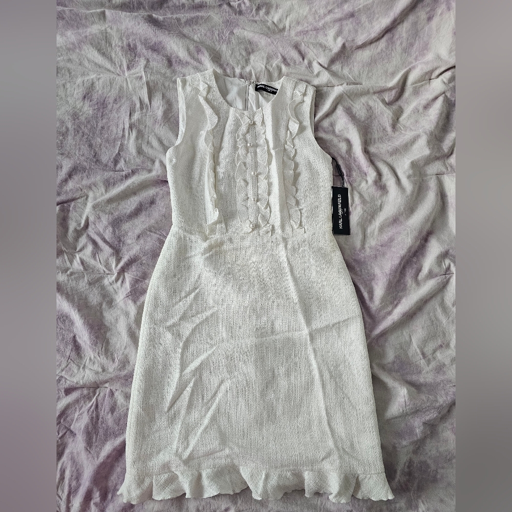 KARL LAGERFELD PARIS work office dress white Pleated ruffles trim front pearls